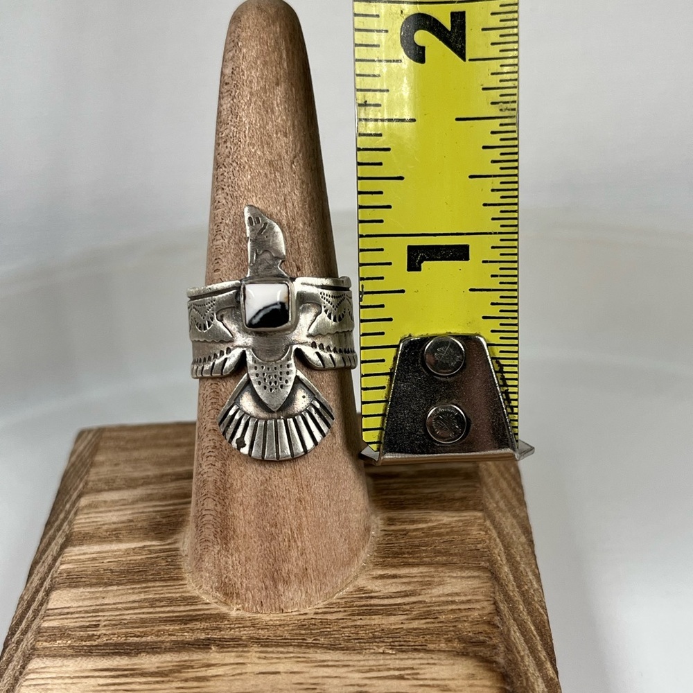 Solid Sterling Silver Southwestern Thunderbird Ring White Buffalo Size 7.75 - Picture 9 of 11